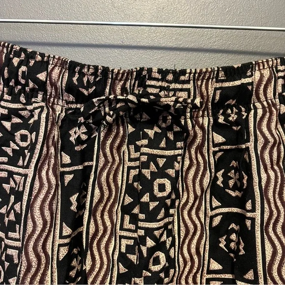 Vintage abstract vacation shorts elastic drawstring high waist black brown tan M - Picture 2 of 10